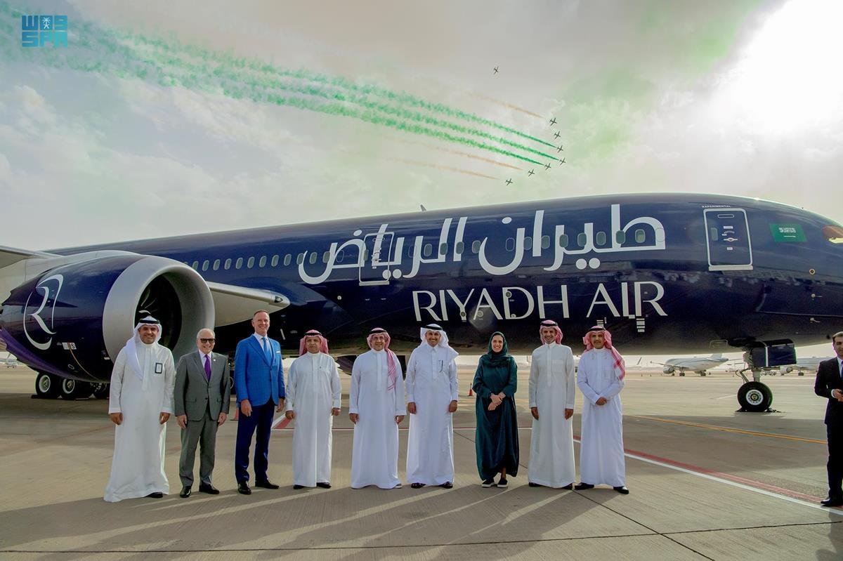 Riyadh Air makes an appearance with its remarkable livery at the King Khaled International Airport in the Saudi capital on Monday. (SPA)