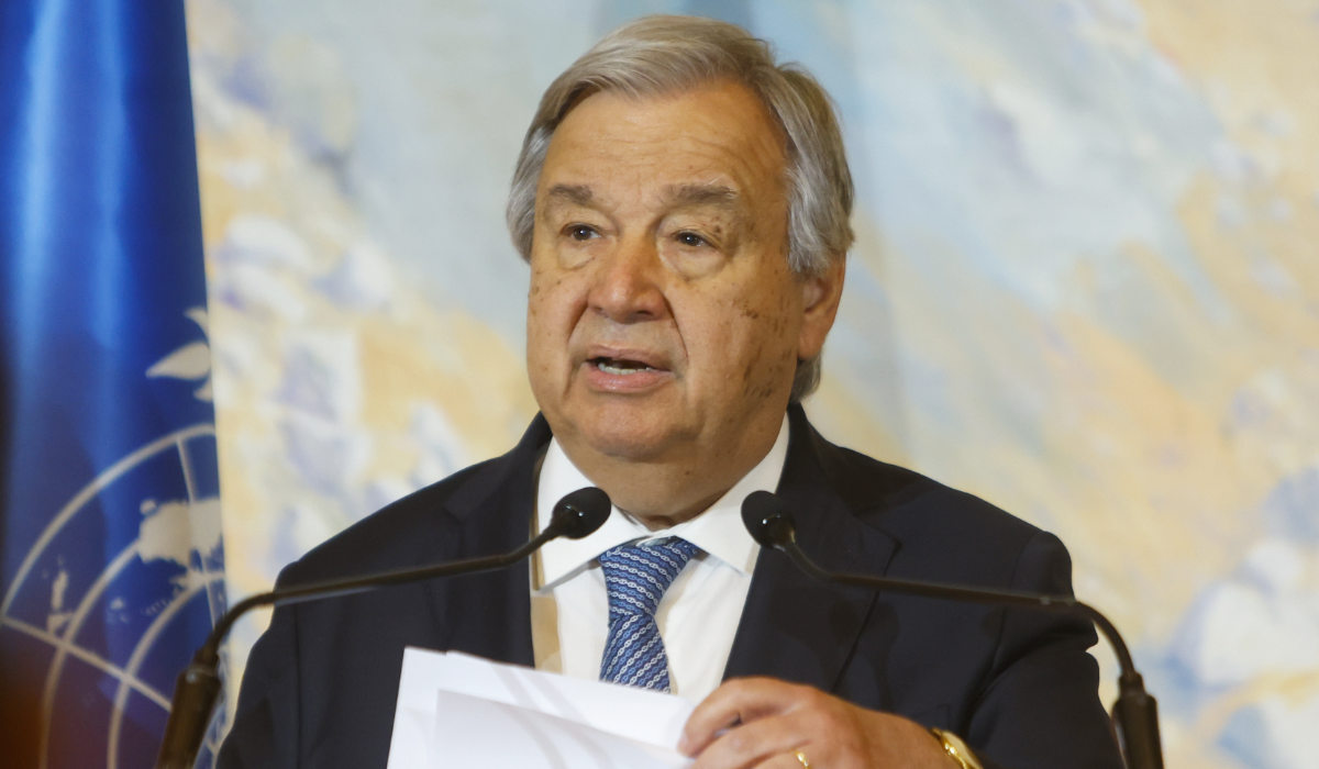UN chief Antonio Guterres addresses international envoys during talks on Afghanistan in Doha, on May 2, 2023. (AFP)