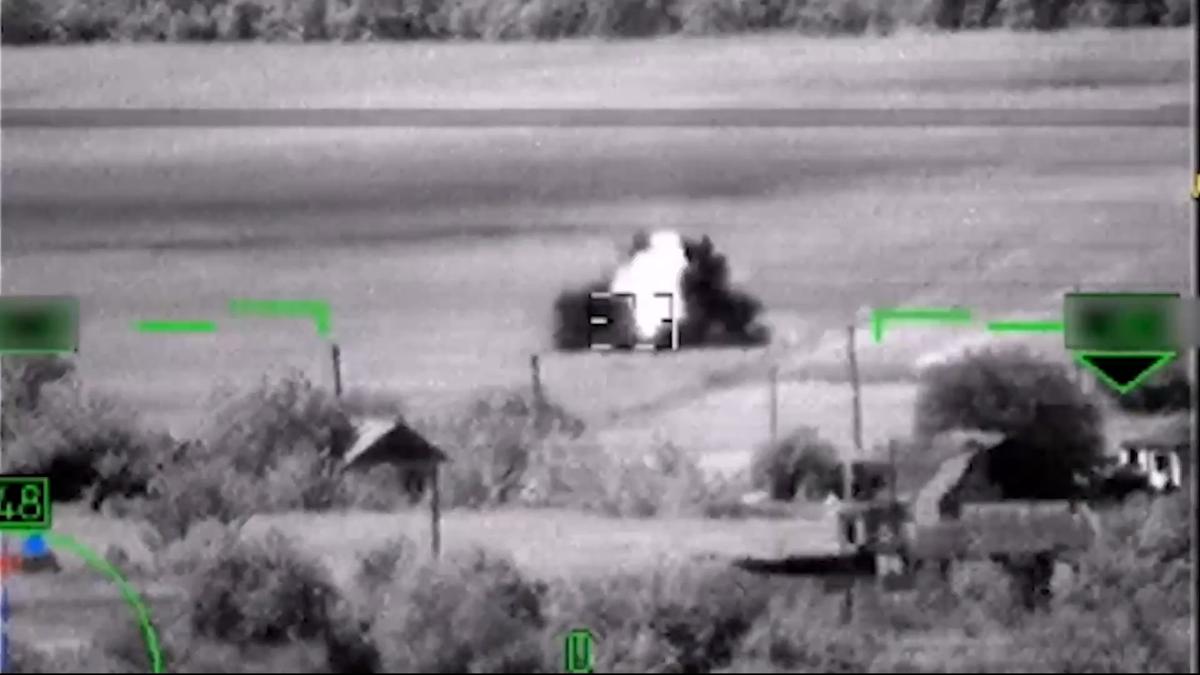 In this image from video, released by the Russian defense ministry Press Service on June 6, 2023, shows what Russia claimed was the destruction of a German-made Leopard tank. (Russian Defense Ministry Press Service via AP)