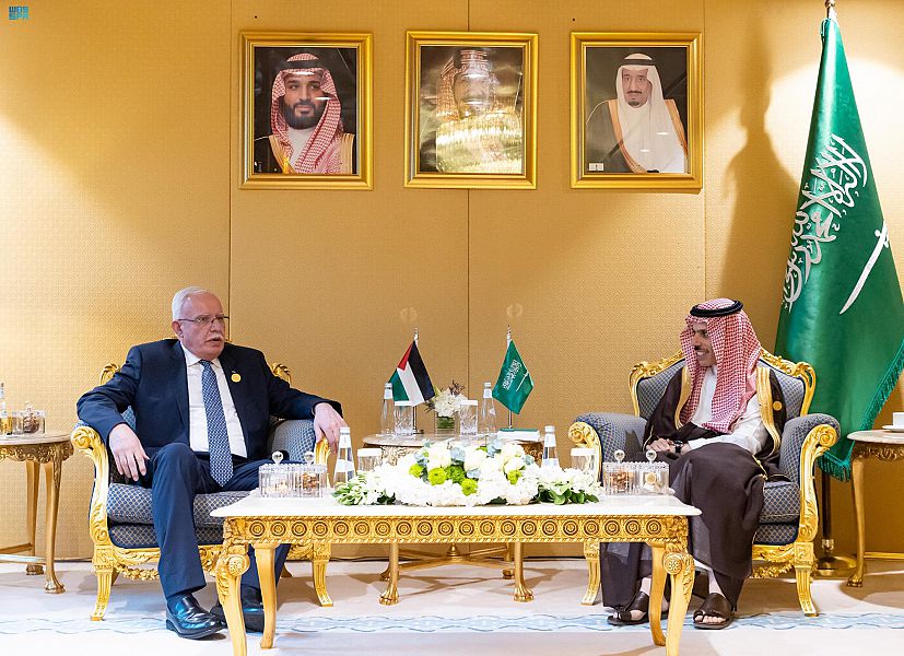 Saudi FM Prince Faisal bin Farhan and Palestinian FM Riyad Al-Malik in Riyadh. (SPA)
