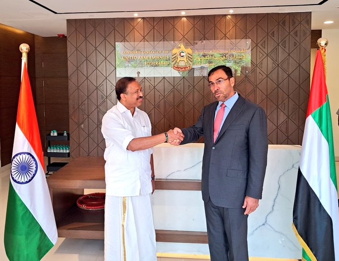 India’s minister of state for foreign affairs, V. Muraleedharan, and his Emirati counterpart Ali Al-Sayegh inaugurate the UAE consulate in Hyderabad on June 14, 2023. (Indian Ministry of External Affairs)