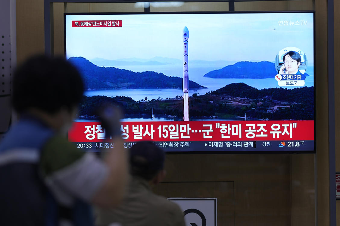 A TV screen shows a report of North Korea’s missile launch with file image during a news program at the Seoul Railway Station in Seoul, South Korea, on June 15, 2023. (AP)