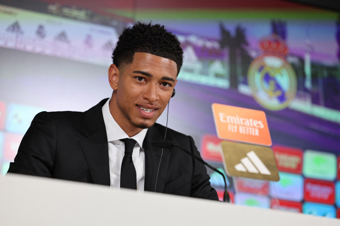 Real Madrid’s new signing Jude Bellingham during his presentation at the Santiago Bernabeu, Madrid on June 15, 2023. (Reuters)