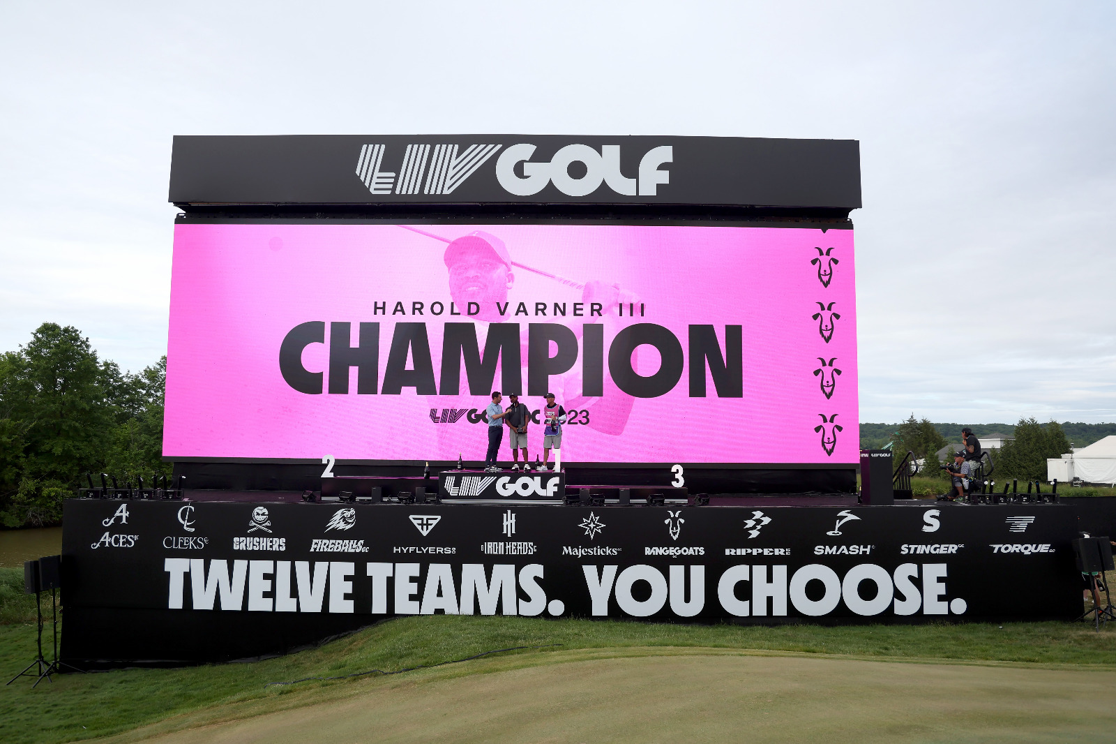 Harold Varner III of RangeGoats GC poses with the trophy after winning the LIV Golf Invitational - DC at Trump National Golf Club on May 28, 2023 in Sterling, Virginia. (Getty Images via AFP)