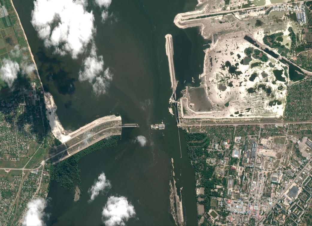 A satellite image shows an overview of the Nova Kakhovka dam and river bank after the dam's collapse (REUTERS)