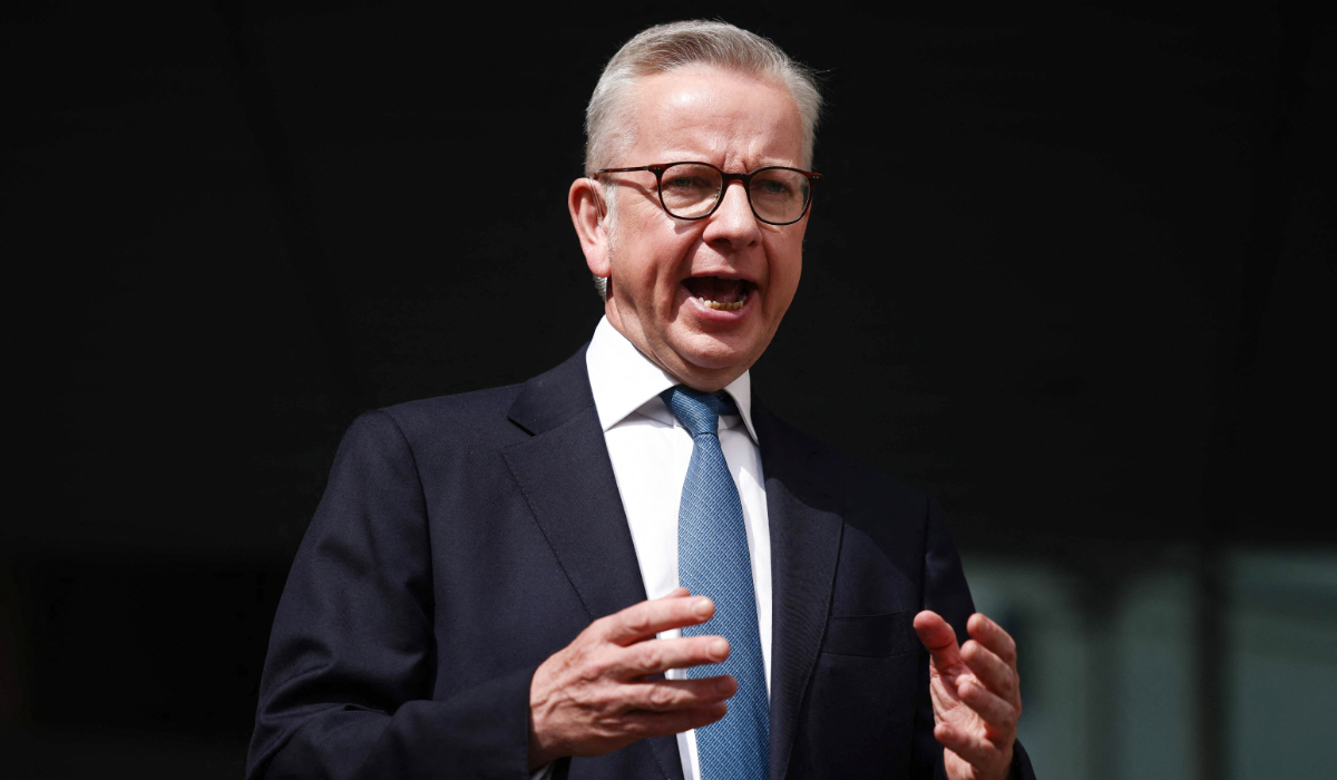 Britain's Levelling Up, Communities and Housing Secretary Michael Gove speaks to members of the media after appearing on the BBC's 'Sunday' political television show at the BBC studios in central London on June 18, 2023. (AFP)
