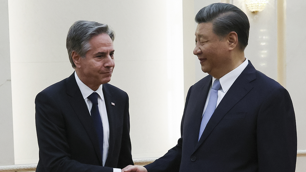 U.S. Secretary of State Antony Blinken shakes hands with Chinese President Xi Jinping in the Great Hall of the People in Beijing, China, Monday, June 19, 2023. (AP)