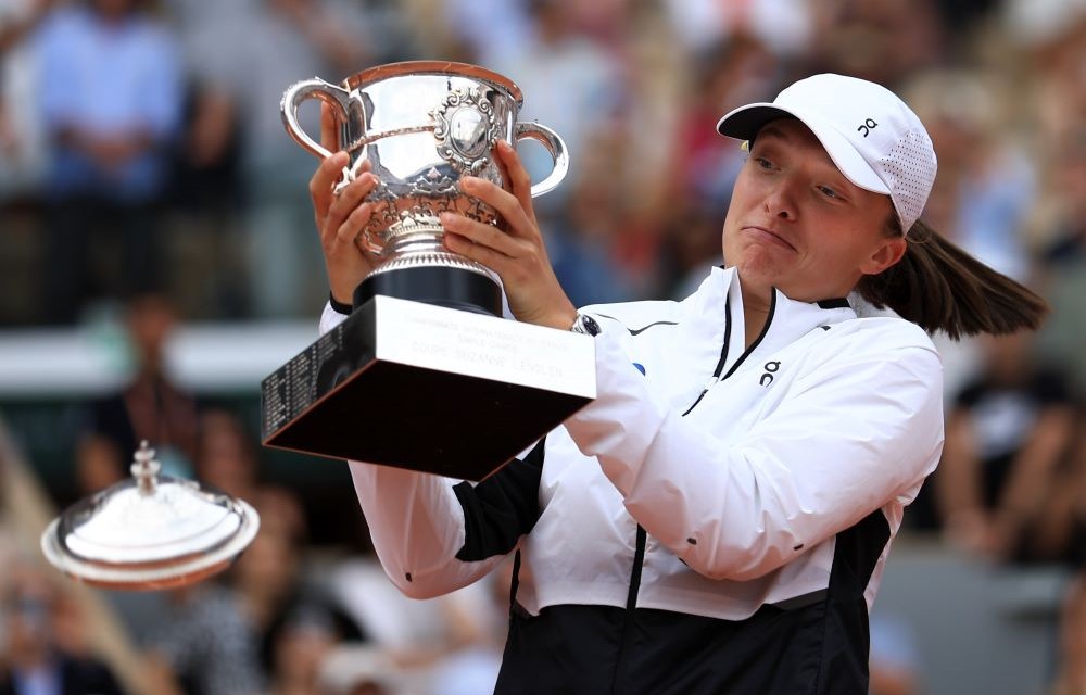 Poland’s Iga Swiatek after winning the French Open at Roland Garros, Paris, June 10, 2023. (AP Photo)