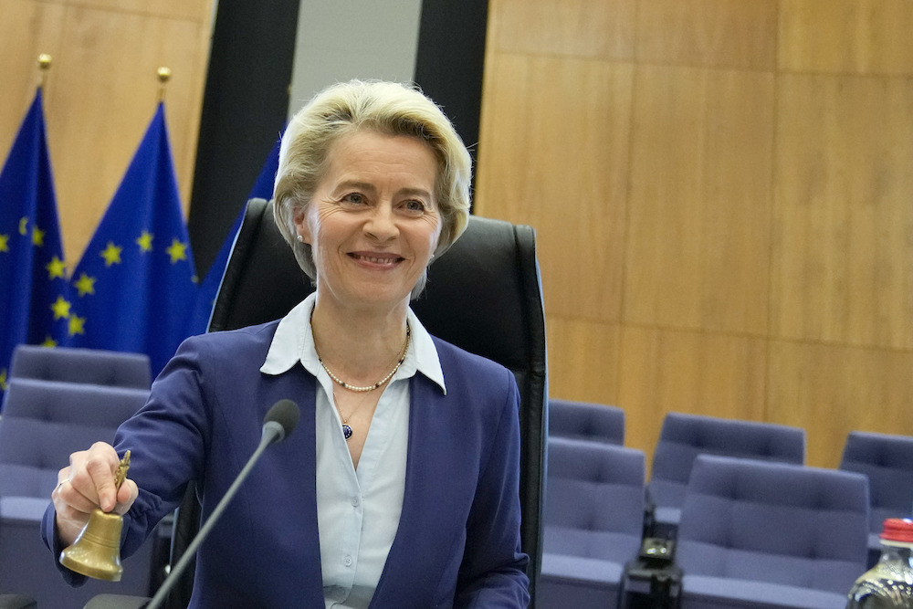 Ursula von der Leyen, the EU’s chief executive, said the 50-billion-euro budget reserve will provide perspective and reliability to the bloc’s Ukrainian partners. (AP)