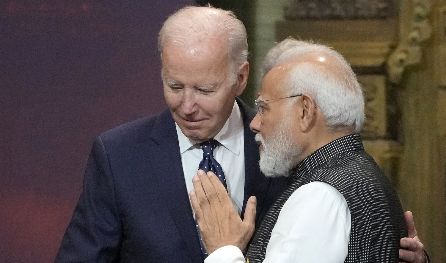 US President Joe Biden, left, and India Prime Minister Narendra Modi talks during the G20 leaders summit in Nusa Dua, Bali, Indonesia, on November 15, 2022. (AP)