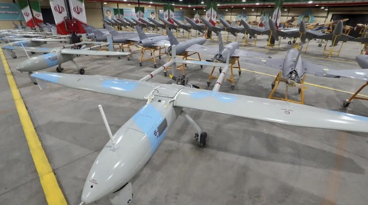 This handout picture released by Iran’s Army office on April 19, 2023 shows military unmanned aerial vehicles (UAV or drone) on display during a ceremony at an undisclosed location in Iran. (AFP/File Photo)