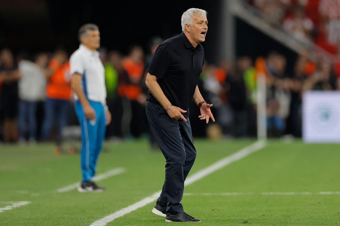 AS Roma’s Portuguese coach Jose Mourinho reacts during their UEFA Europa League final match against Sevilla FC at the Puskas Arena in Budapest on May 31, 2023. (AFP)