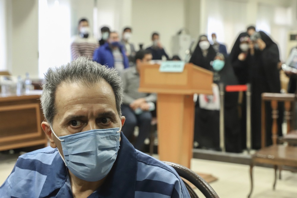 Iranian-German national and U.S. resident Jamshid Sharmahd attends his trial at the Revolutionary Court, in Tehran, Iran, Sunday, Feb. 6, 2022. (AP)