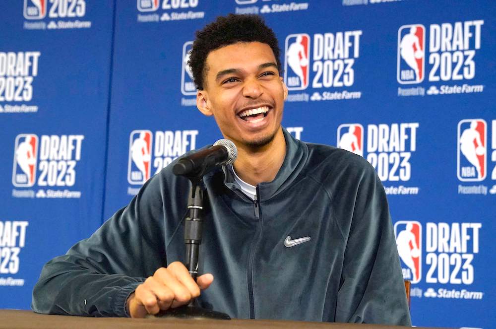 French basketball player Victor Wembanyama speaks during a press event, ahead of the NBA draft, in New York City on Wednesday. (AFP)