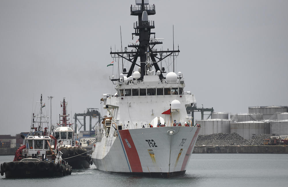 Above, US Coast Guard cutter Stratton arrives to take part in a joint exercise in Chennai on Aug. 23, 2019. (AFP)