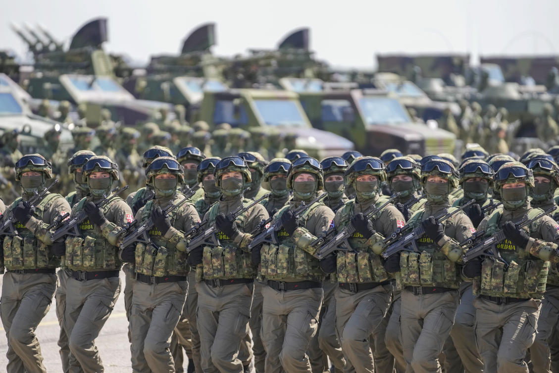 Serbian Army soldiers perform during a military exercise, at Batajnica Air Base near Belgrade, Serbia, on April 22, 2023. (AP/File)
