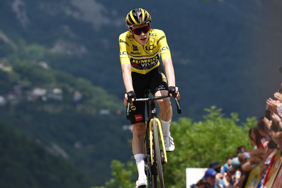 This June 11, 2023 file photo shows Jumbo-Visma's Danish rider Jonas Vingegaard en route to victory in the 75th edition of the Criterium du Dauphine cycling race. The Vingegaard-Pogacar duel will headline Tour de France kicking off Saturday from the Basque port of Bilbao.(File/AFP)