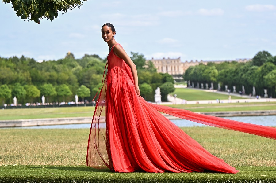 Mona Tougaard wore an all-red gown during the show. (Getty Images)