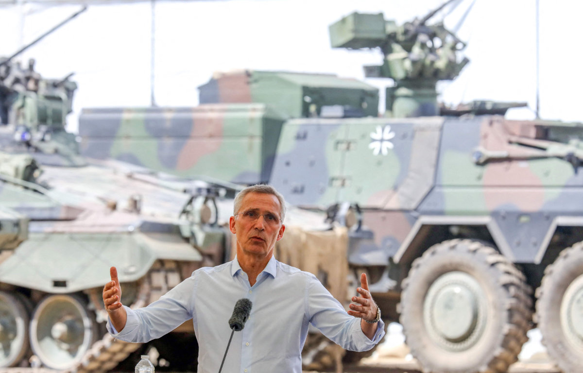 NATO Secretary-General Jens Stoltenberg addresses a press conference during a visit at the bilateral Lithuanian-German military exercise "Griffin Storm" in Pabrade, Lithuania on June 26, 2023. (AFP)