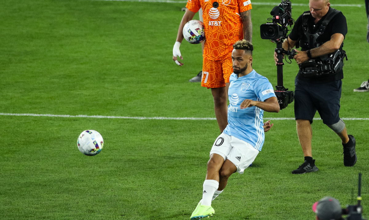 Hany Mukhtar of the MLS All-Stars kicks the winning shot in the Crossbar Challenge event against the Liga MX All-Stars during the MLS All-Star Skills Challenge on Aug. 9, 2022. Mukhtar will lead the 26-player roster for the Major League Soccer All-Star Game. (AFP)