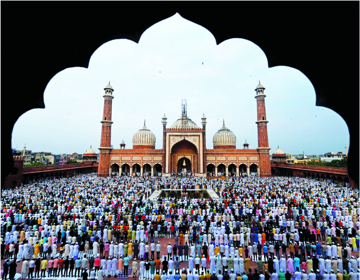 Muslims offer prayers at Jama Masjid in India’s capital New Delhi on the occasion of Eid Al-Adha. (AFP)