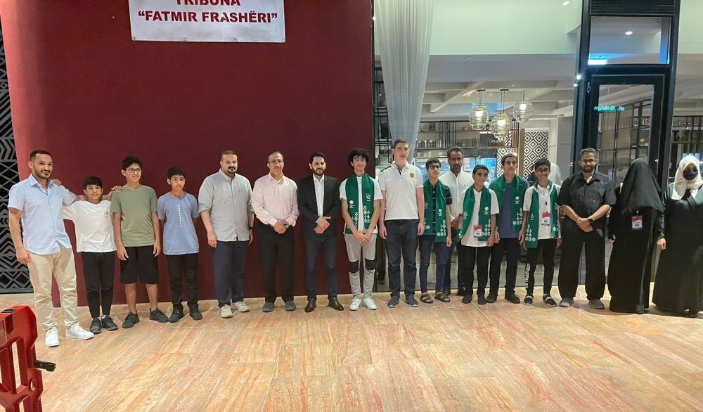 Students who participated in the International Mathematical Olympiad posing with the Saudi Deputy Ambassador in Albania, Abdullah Al-Shahri. (Supplied/ Mawhiba)