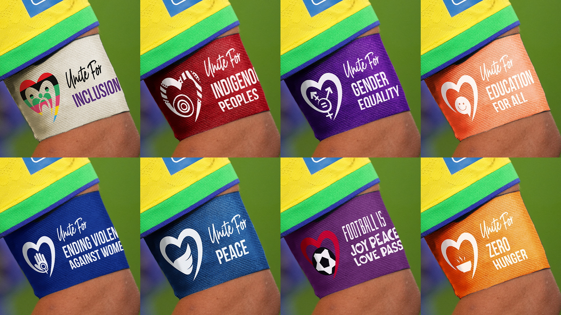 A combination mock-up picture shows the armbands that FIFA says team captains will be permitted to wear during the 2023 FIFA Women’s World Cup, in this undated handout image released on Friday. (Reuters)