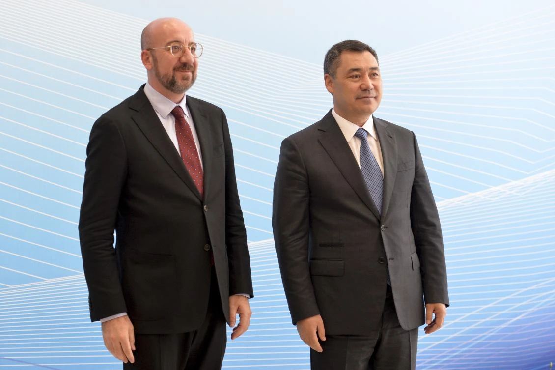 Kyrgyzstan’s President Sadyr Japarov and President of the European Council Charles Michel pose for a photo prior to the meeting of the Heads of State of Central Asia and the European Council in Cholpon-Ata, Kyrgyzstan, on Jun. 3, 2023. (AP)