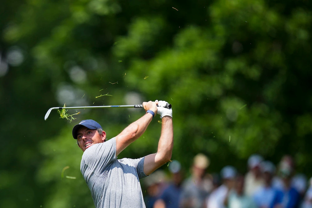 Rory McIlroy plays his shot from the ninth fairway during the third round of the Memorial golf tournament at the Muirfield Village Golf Club Saturday.(USA TODAY Sports)