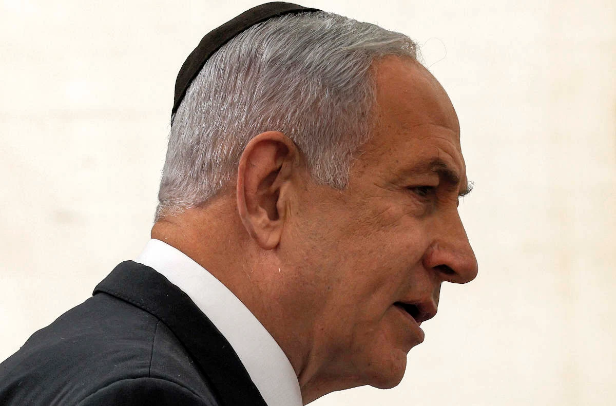 Israel's Prime Minister Benjamin Netanyahu gives a speech during the annual ceremony for Remembrance Day for fallen soldiers at the Yad LaBanim Memorial in Jerusalem on April 24, 2023. (AFP)