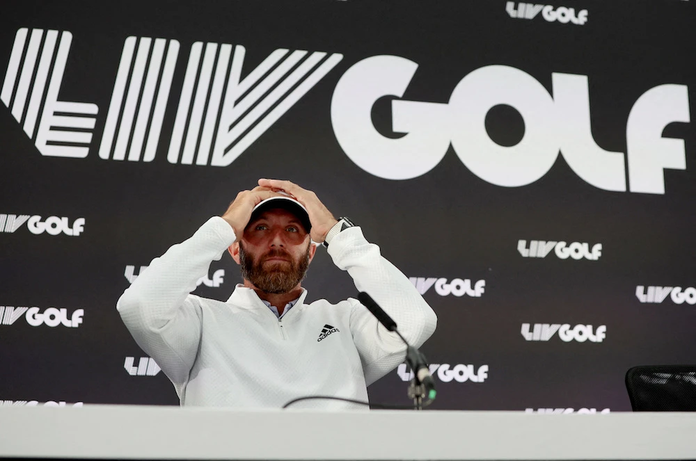 Dustin Johnson of the US during a LIV Golf press conference. (Reuters via Action Images)