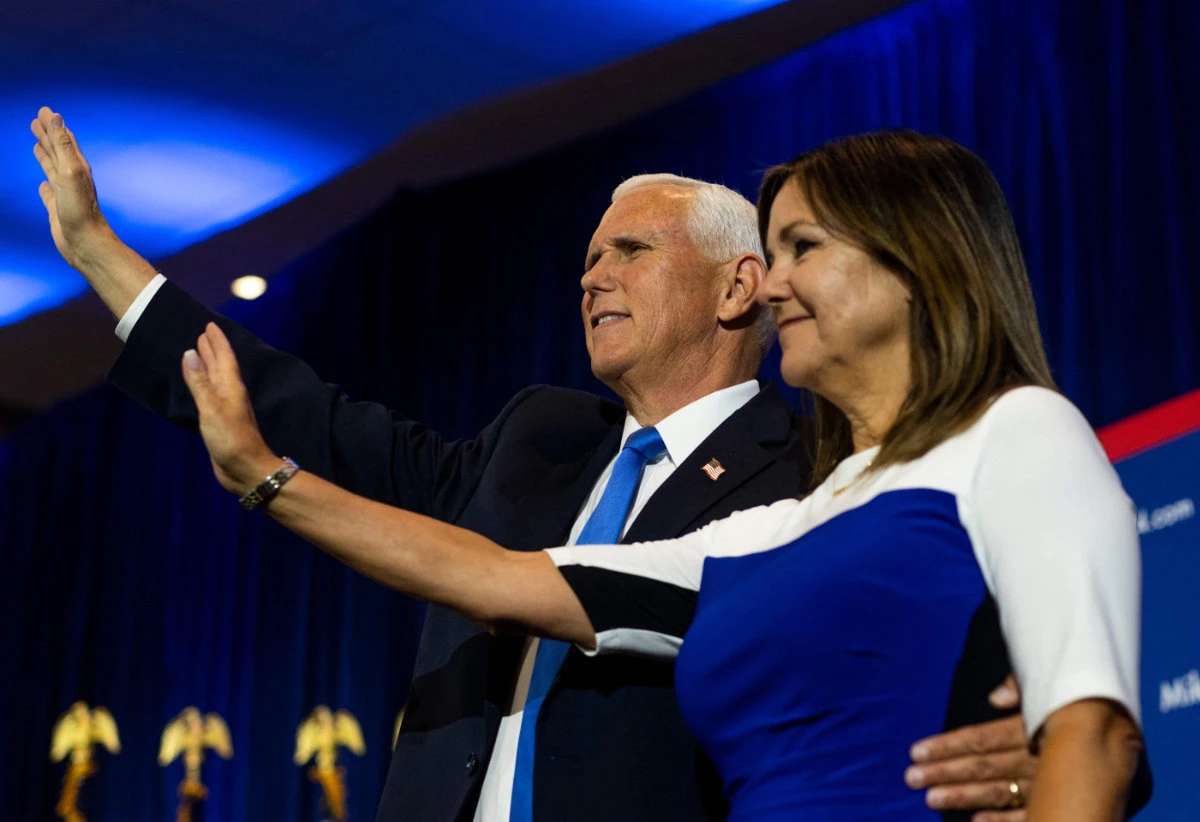 Former US Vice President and 2024 Presidential hopeful Mike Pence and his wife Karen Pence launches his campaign at the FFA Enrichment Center in Ankeny, Iowa, on June 7, 2023. (AFP)