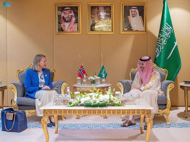 Saudi FM Prince Faisal bin Farhan and Norwegian FM Anniken Huitfeldt. (SPA)