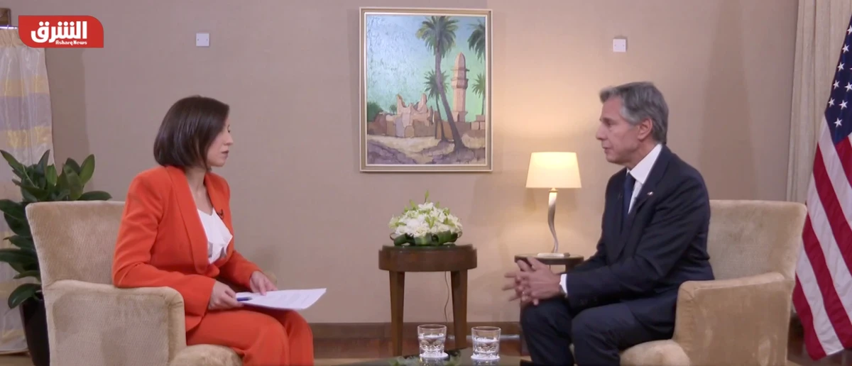During an official trip to Saudi Arabia, Washington’s top diplomat told Hiba Nasr of Asharq News that the Kingdom and the US are successfully working together. (Screenshot/Asharq TV)