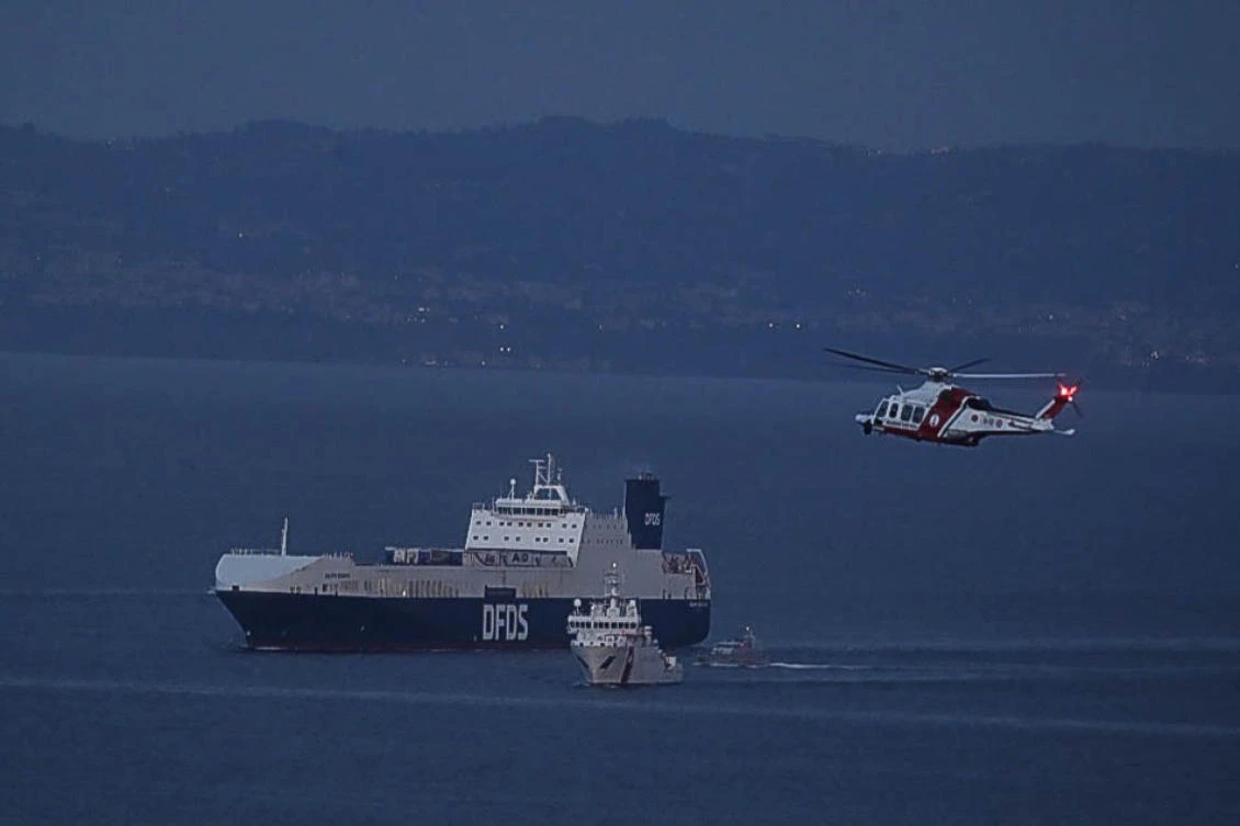Turkish cargo ship Galata Seaways is escorted by Italian coast guards to the port of Naples on Jun. 9, 2023. (AFP)