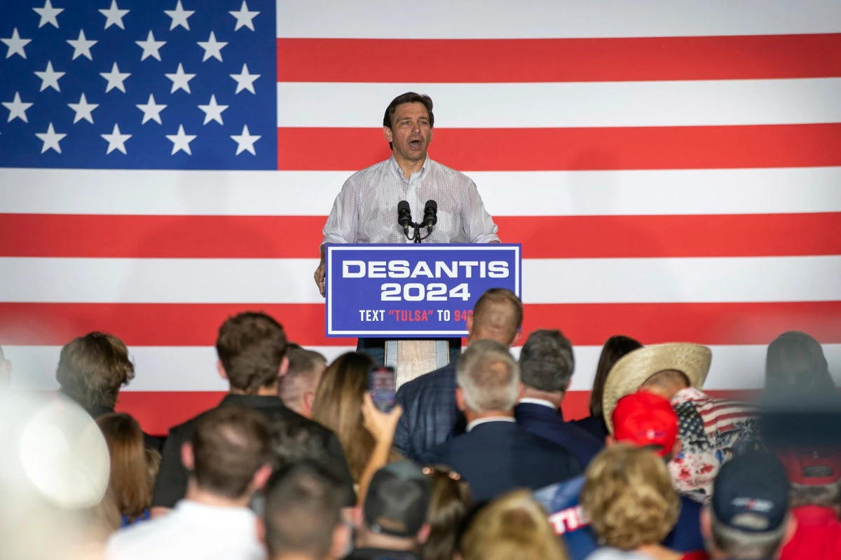 Republican presidential candidate Ron DeSantis speaks to a crowd of supporters at the Never Back Down event inside the F & E Event Center on June 10, 2023, in Tulsa, Oklahoma. (Tulsa World via AP)