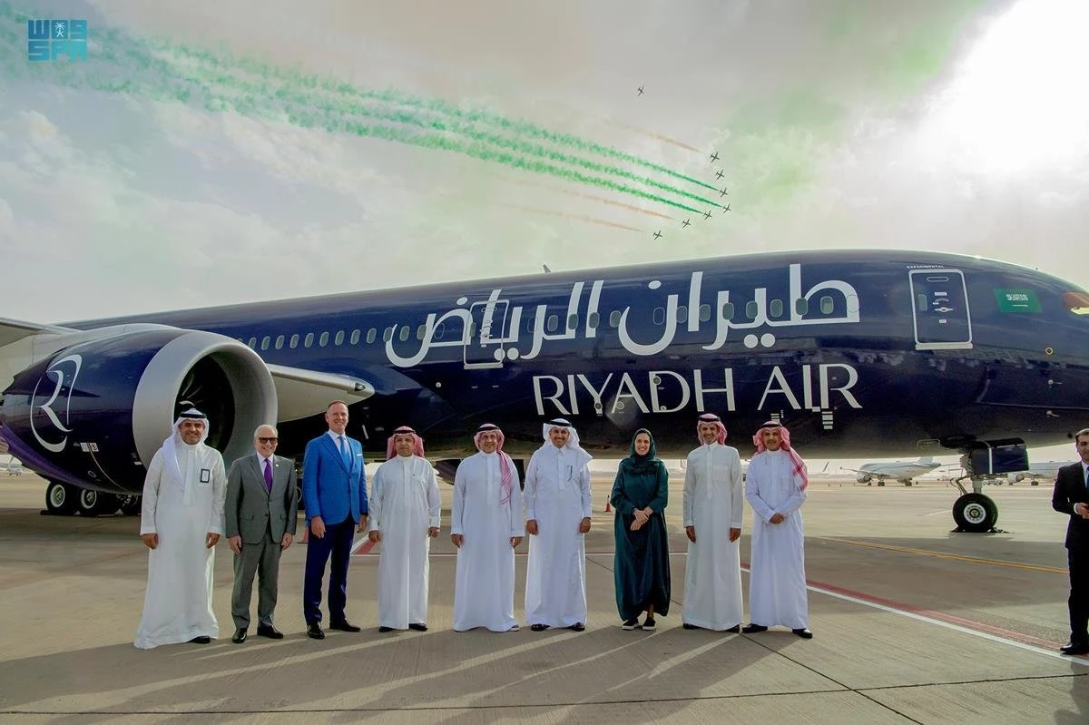 Riyadh Air makes an appearance with its remarkable livery at the King Khaled International Airport in the Saudi capital on Monday. (SPA)