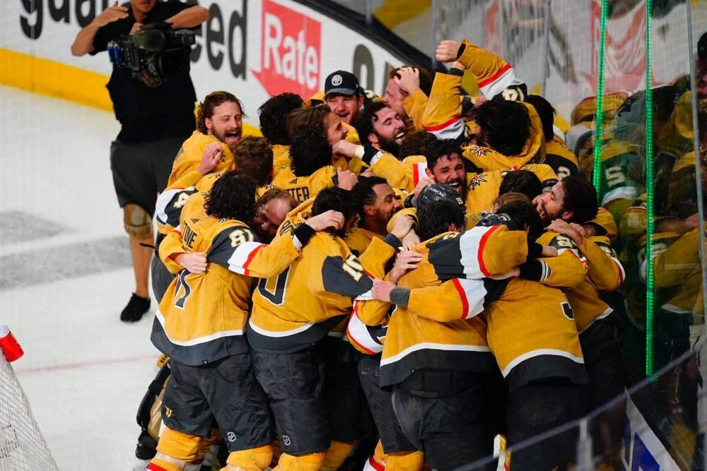 The Vegas Golden Knights celebrate the win over the Florida Panthers in game five of the 2023 Stanley Cup Final at T-Mobile Arena. (USA TODAY Sports)