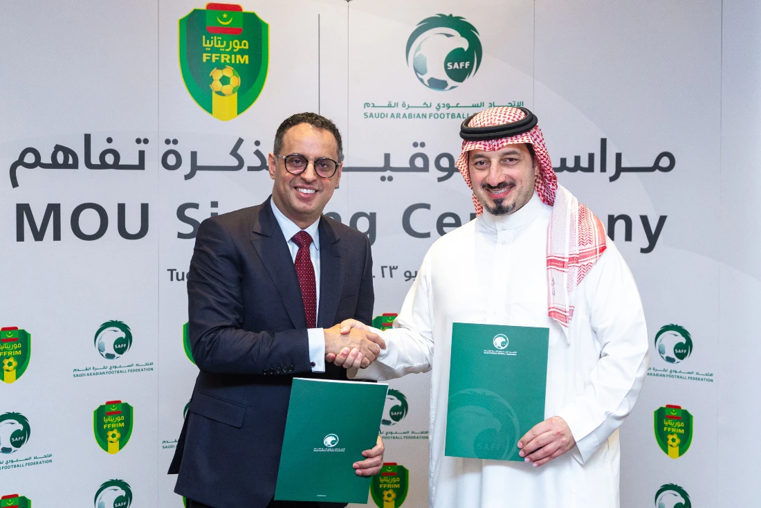 President of the SAFF Yasser Al-Misehal with Ahmed Yahya, president of the Mauritania Football Federation. (Supplied)