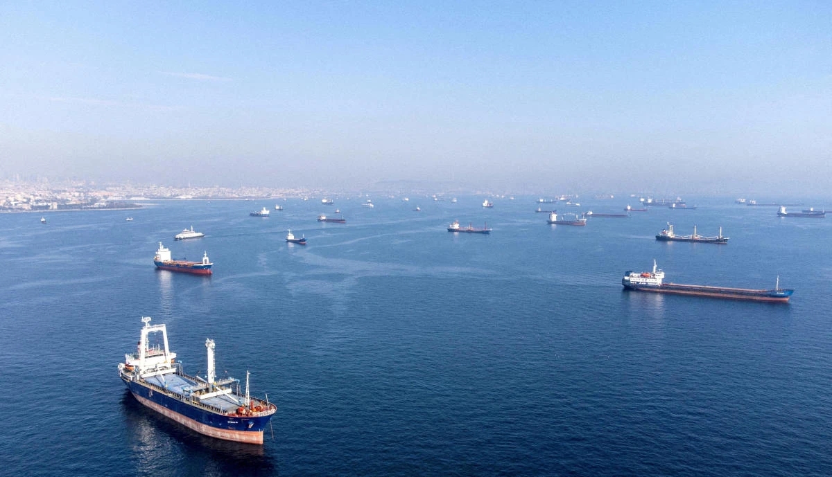 Commercial vessels including vessels which are part of Black Sea grain deal wait to pass the Bosphorus strait off the shores of Yenikapi in Istanbul on Oct. 31, 2022. (Reuters)