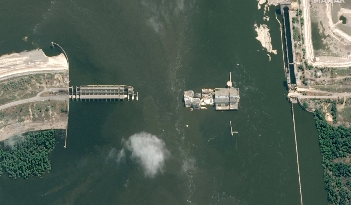 A satellite image shows a closer view of the Nova Kakhovka dam after its collapse, Ukraine, June 16, 2023. (REUTERS)