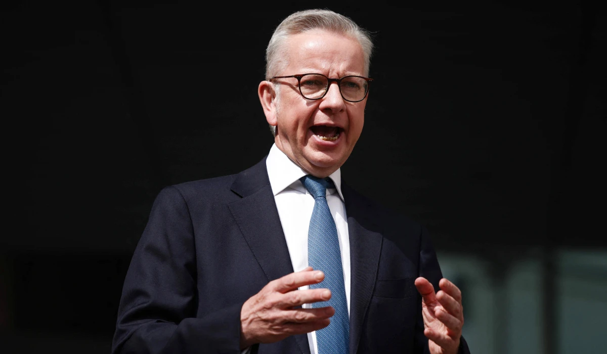 Britain's Levelling Up, Communities and Housing Secretary Michael Gove speaks to members of the media after appearing on the BBC's 'Sunday' political television show at the BBC studios in central London on June 18, 2023. (AFP)