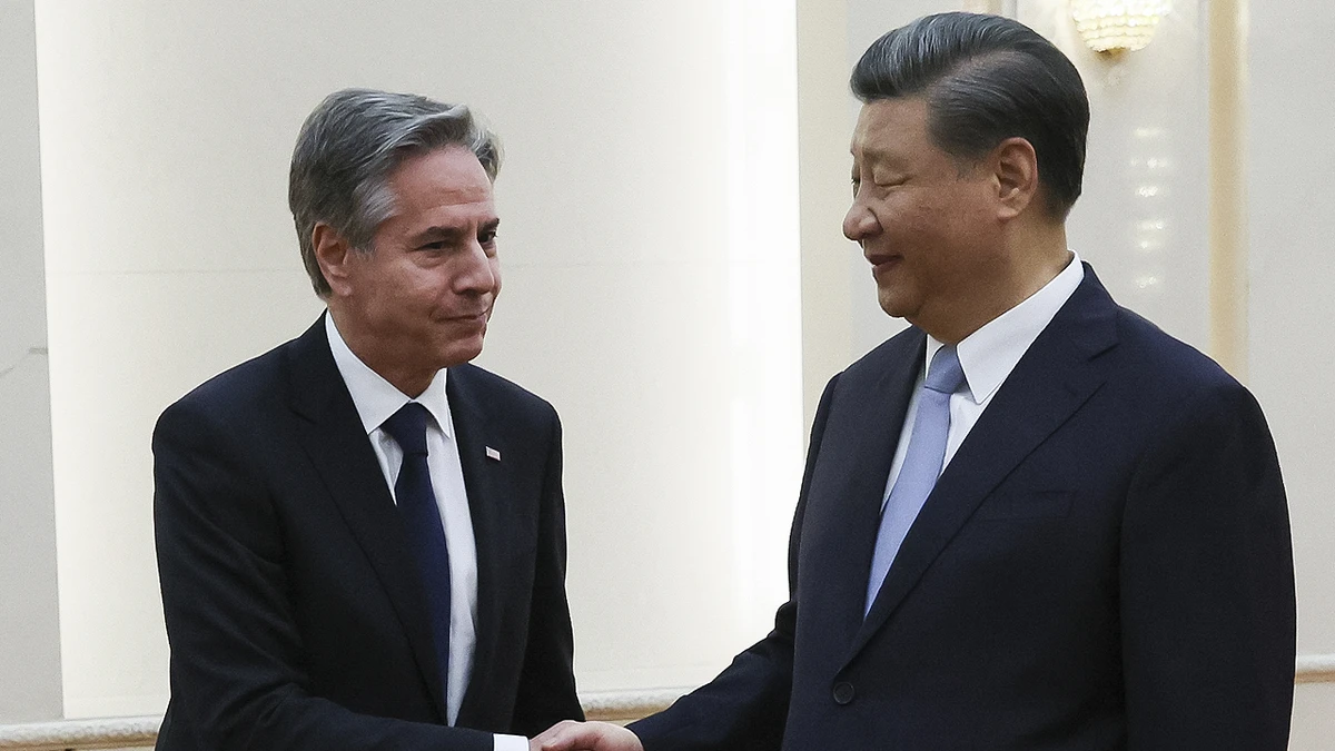 U.S. Secretary of State Antony Blinken shakes hands with Chinese President Xi Jinping in the Great Hall of the People in Beijing, China, Monday, June 19, 2023. (AP)