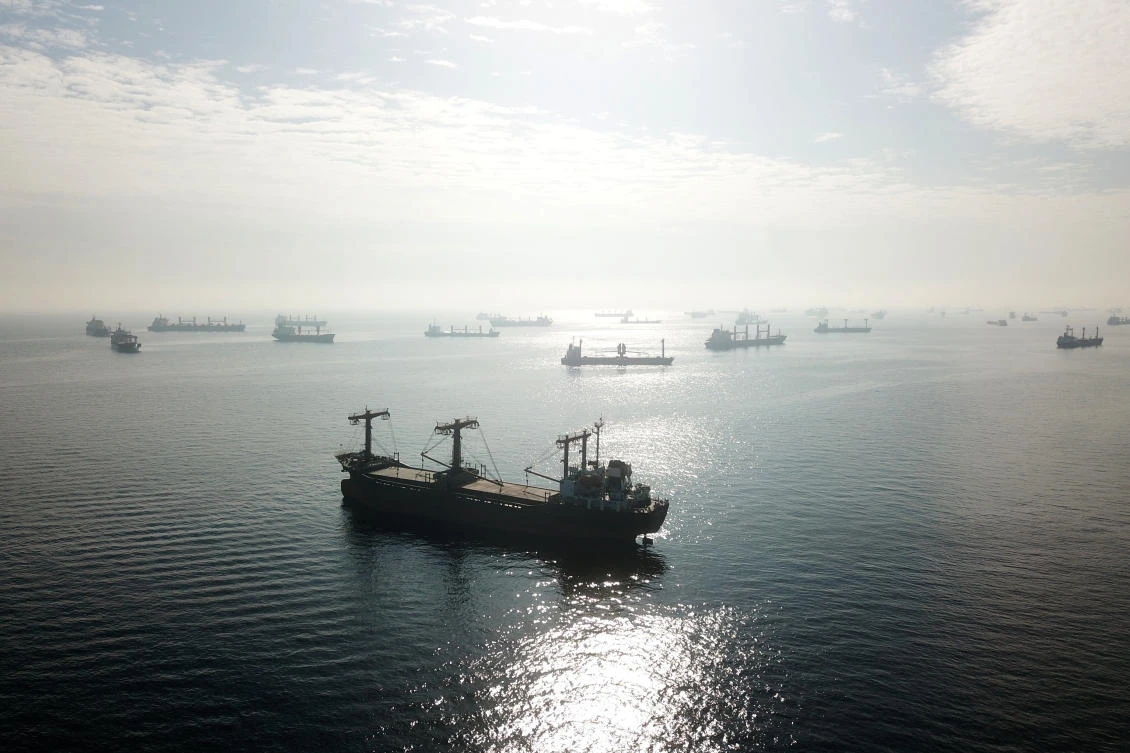 Above, cargo ships loaded with grain are anchored off the southern entrance to the Bosphorus in Istanbul as part of the Turkish- and UN-brokered accord on Ukrainian grains exports. (AFP)
