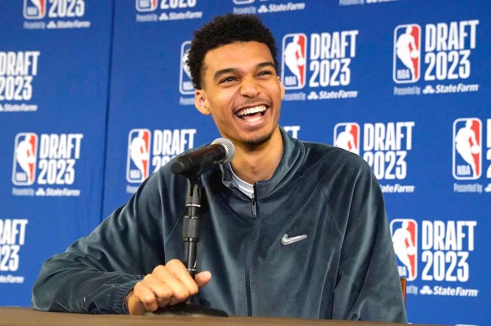 French basketball player Victor Wembanyama speaks during a press event, ahead of the NBA draft, in New York City on Wednesday. (AFP)