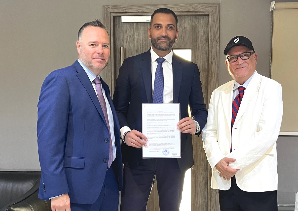 Shaikh (center) with John Miedreich (left), EVP of Baseball Operations and Co-Owner and Max Shaukat, EVP of Emerging Markets, of Baseball United. (Baseball United)