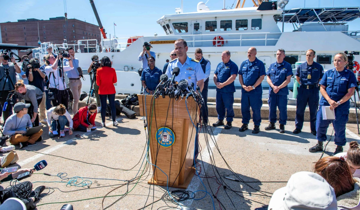 US Rear Adm. John Mauger,†the First Coast Guard District commander, speaks at a press conference at the US Coast Guard Base Boston†in Boston, Massachusetts, on June 22, 2023. (AFP)