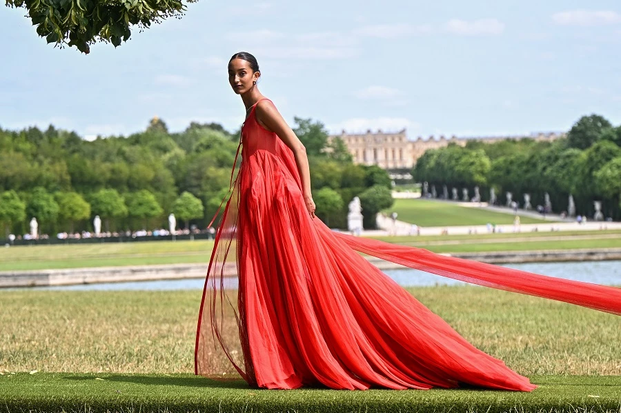 Mona Tougaard wore an all-red gown during the show. (Getty Images)