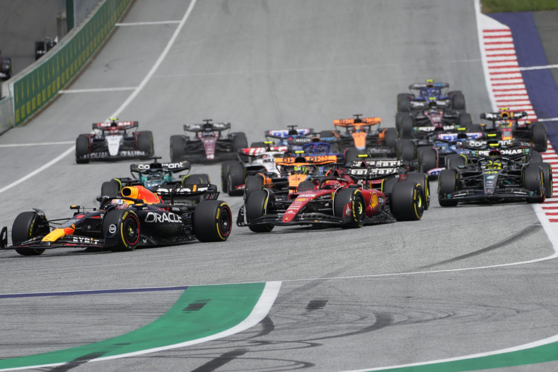 Red Bull driver Max Verstappen leads Ferrari driver Charles Leclerc of Monaco, center, and Mercedes driver Lewis Hamilton of Britain at the start of the Austrian Formula One Grand Prix, at the Red Bull Ring racetrack, in Spielberg, Austria, Sunday, July 2, 2023. (AP)