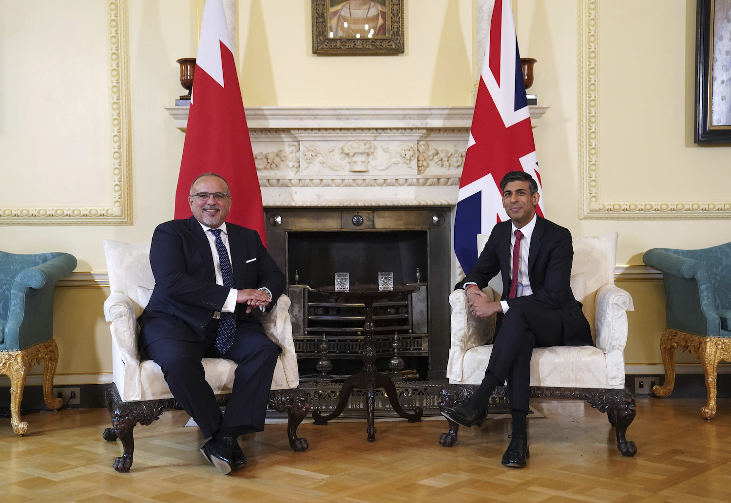 Britain’s Prime Minister Rishi Sunak poses for a photo with the Crown Prince of Bahrain, Salman bin Hamad, at 10 Downing Street in London, Monday July 3, 2023. (AP)
